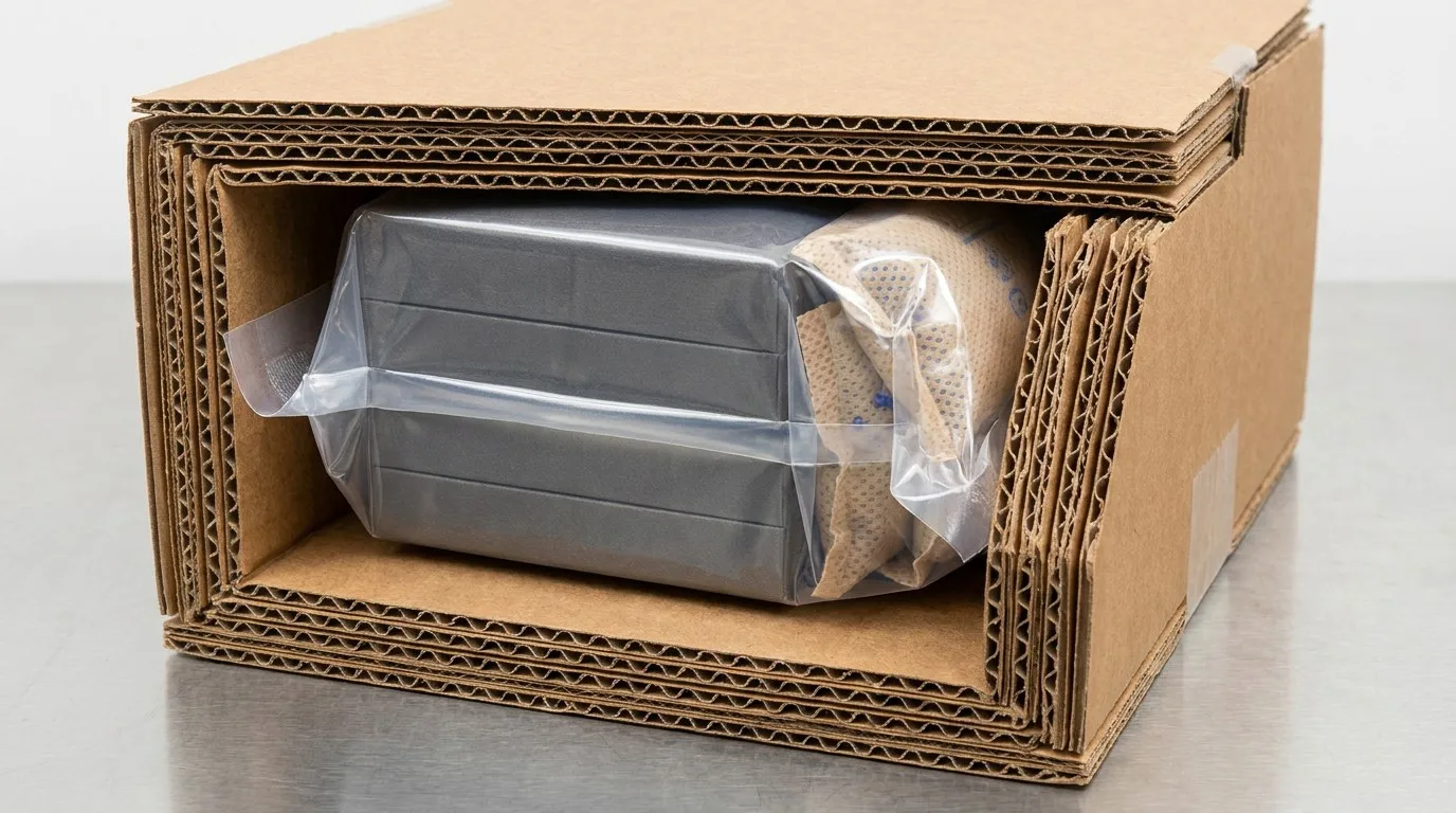 Macro technical view of a reinforced export carton with vacuum-sealed jewelry boxes and desiccants.