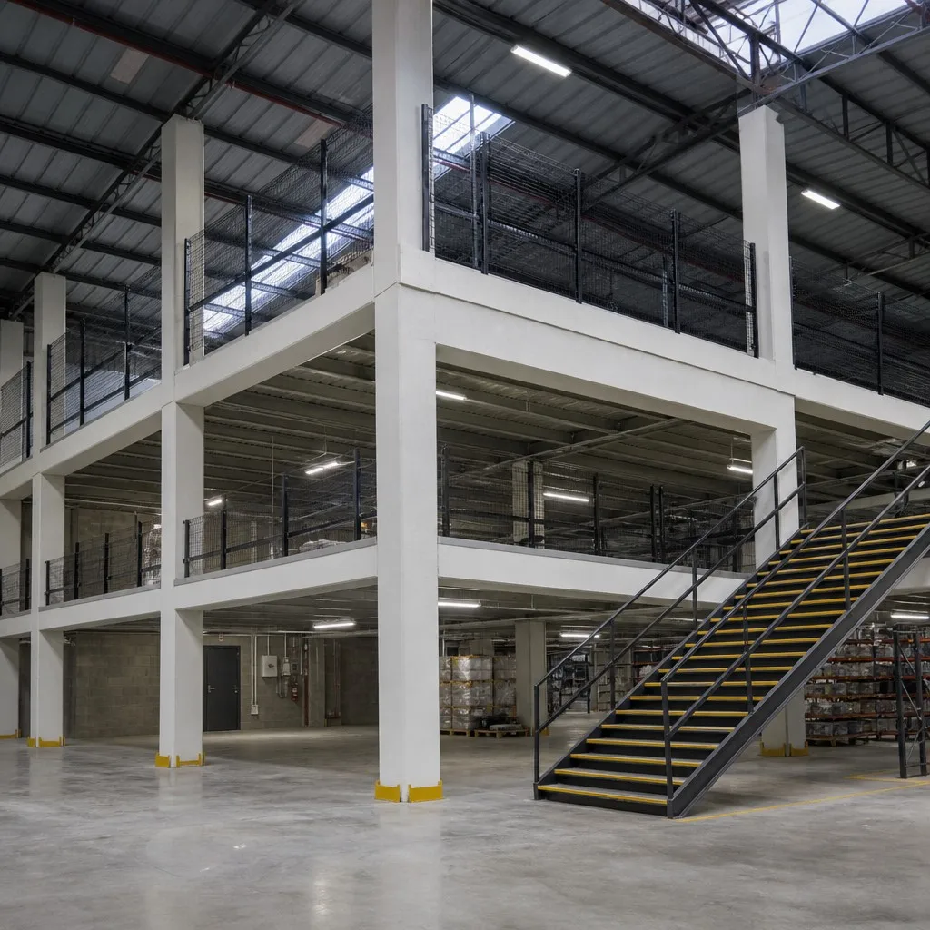 Wide-angle view of fire-protected industrial mezzanine columns