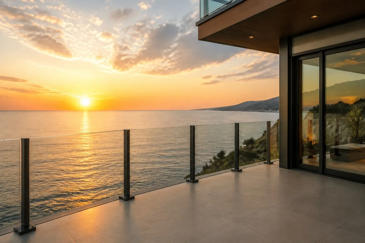Luxury waterfront villa balcony with frameless glass railing ocean view sunset