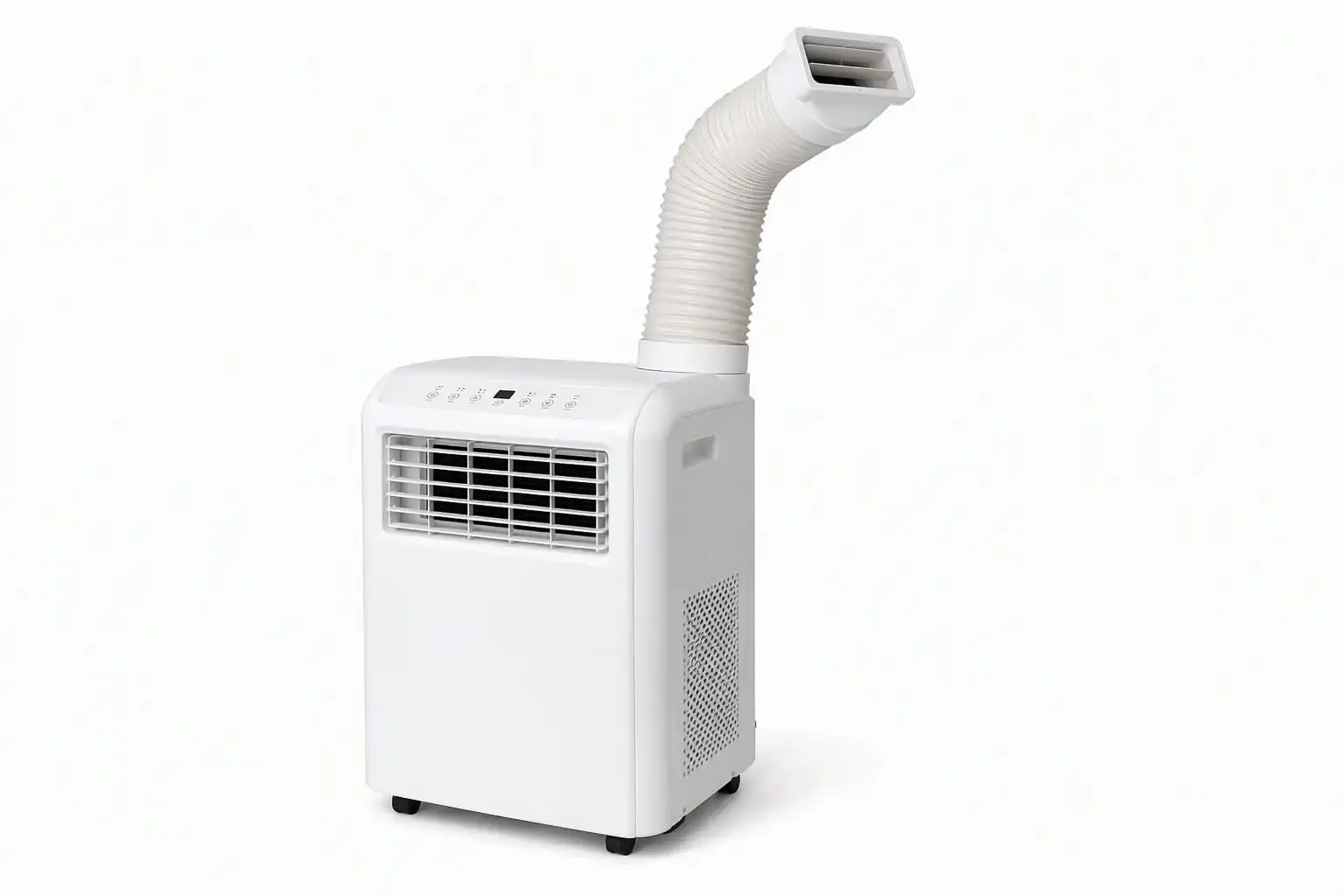 White portable air conditioner with exhaust hose raised in the auto hose-lift position
