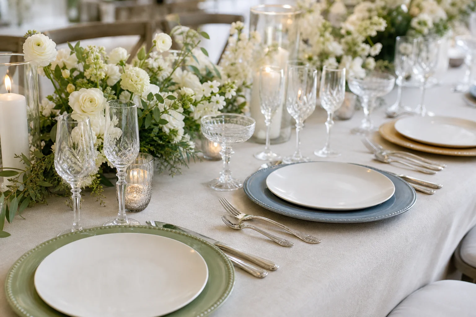 Wedding table with sage dusty blue and champagne charger plates