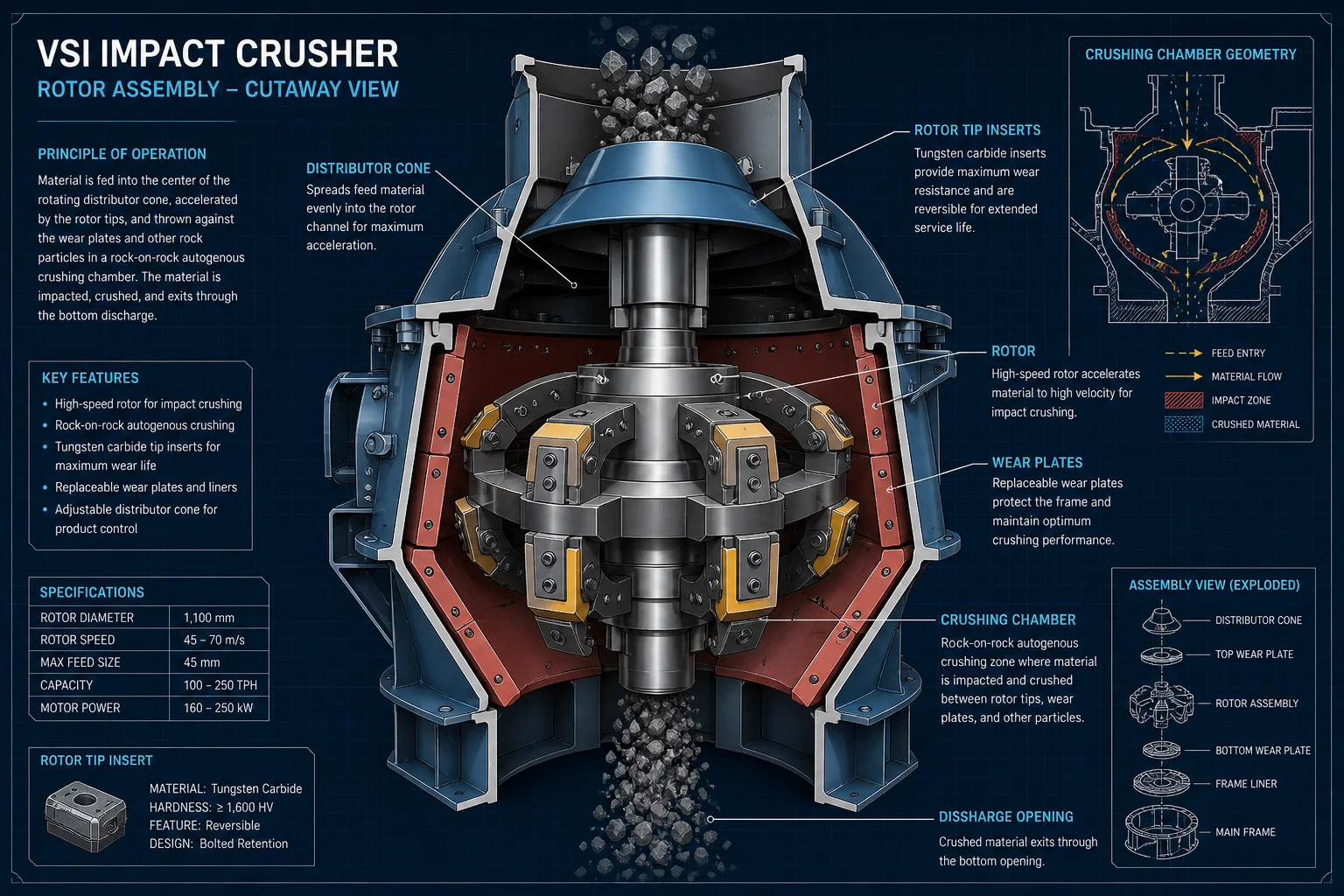 Engineering cutaway cross-section of high-speed VSI crusher rotor assembly with rock-on-rock cavity