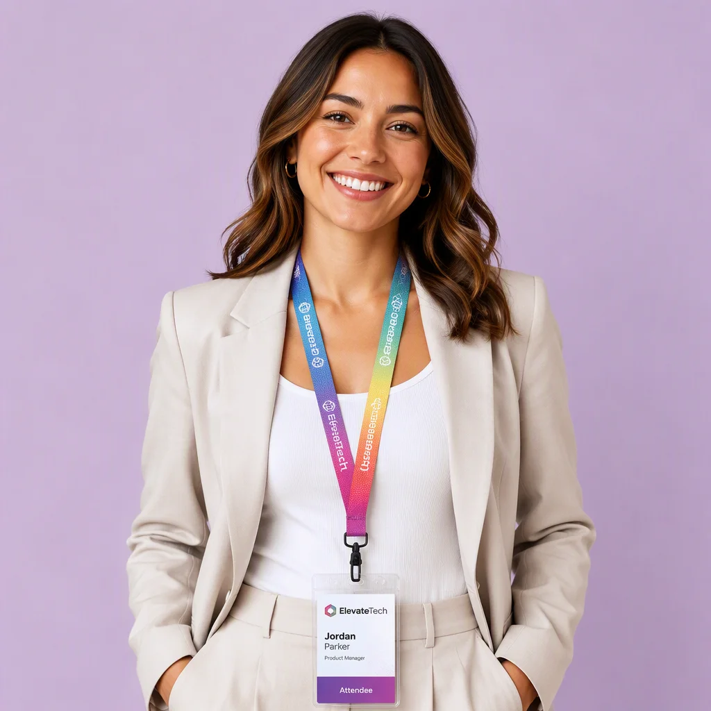 Professional Businesswoman Wearing Full-Color Dye-Sublimated Lanyard with ID Badge