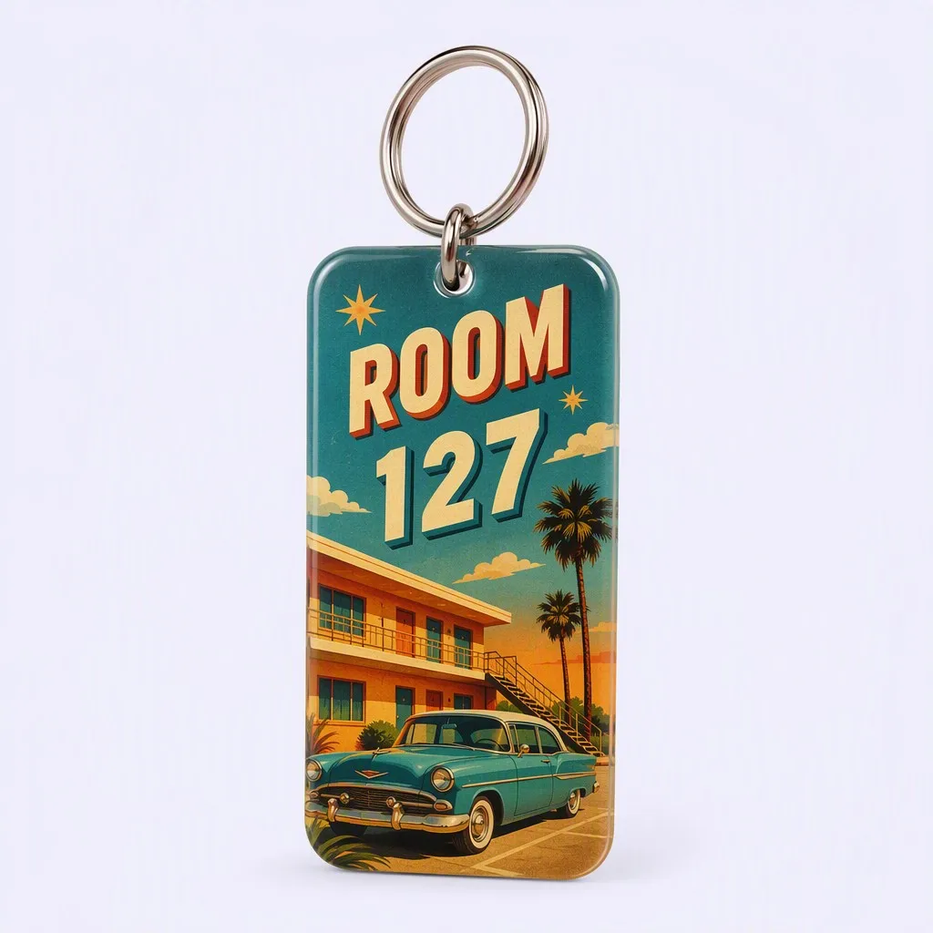 UV full-color printed vintage hotel motel key tag — retro Americana design