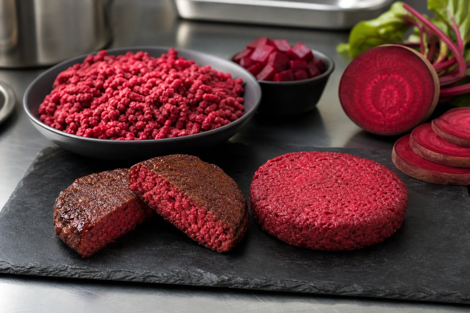 Plant-based patties colored with beetroot