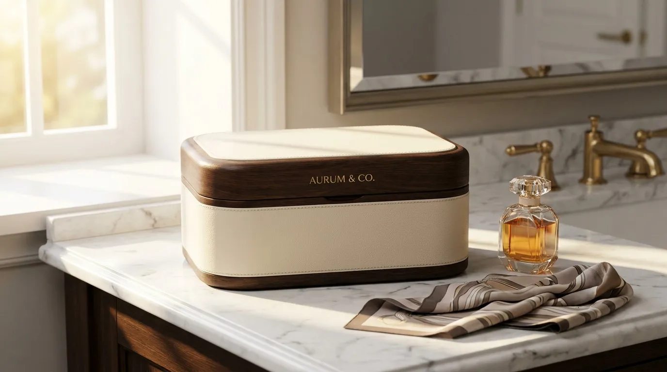 Luxury custom vanity case with gold hardware on a marble surface