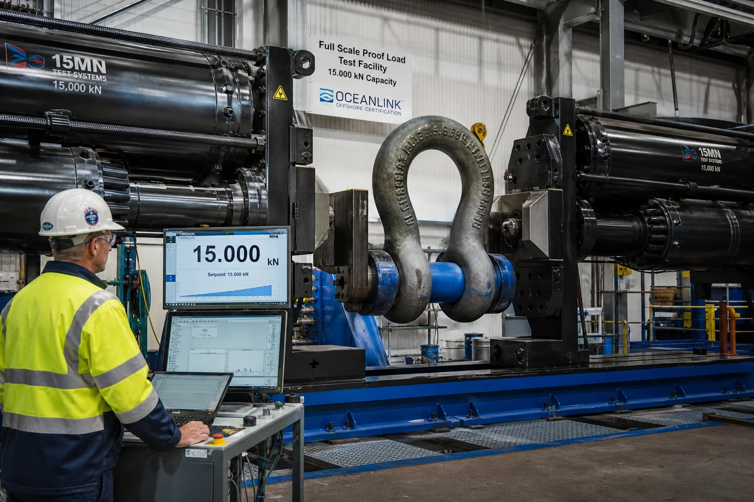 Massive 15000 kN full-scale horizontal hydraulic proof load pull test bench testing shackle