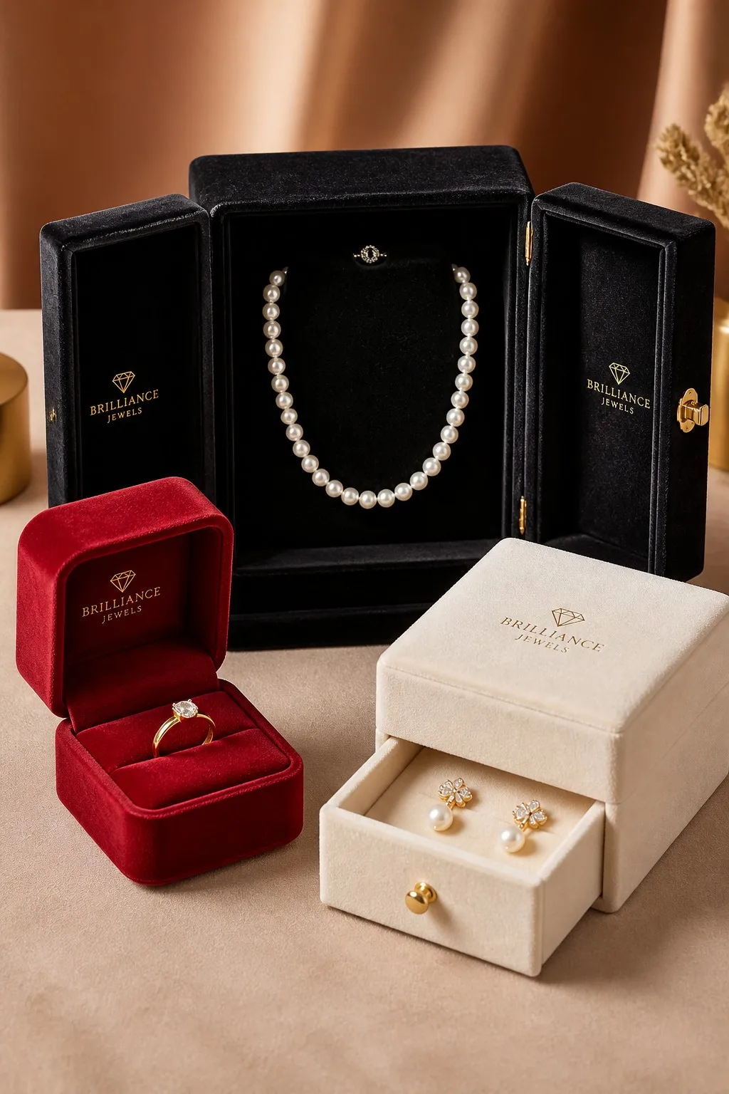 Deep red velvet ring box with gold ring, black velvet double-door display box with pearl necklace, and ivory velvet drawer box