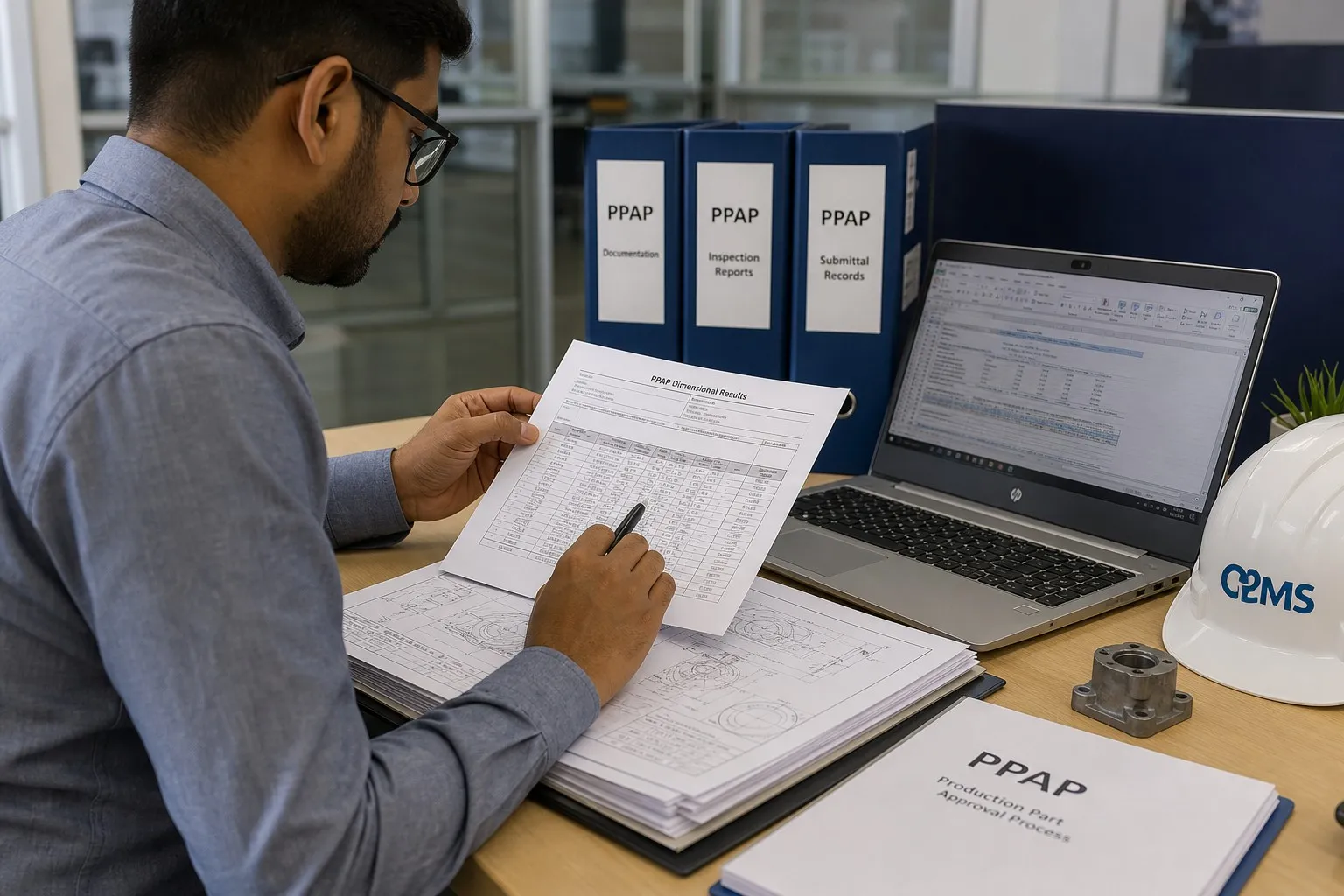 Quality engineer reviewing PPAP documents and inspection reports at desk