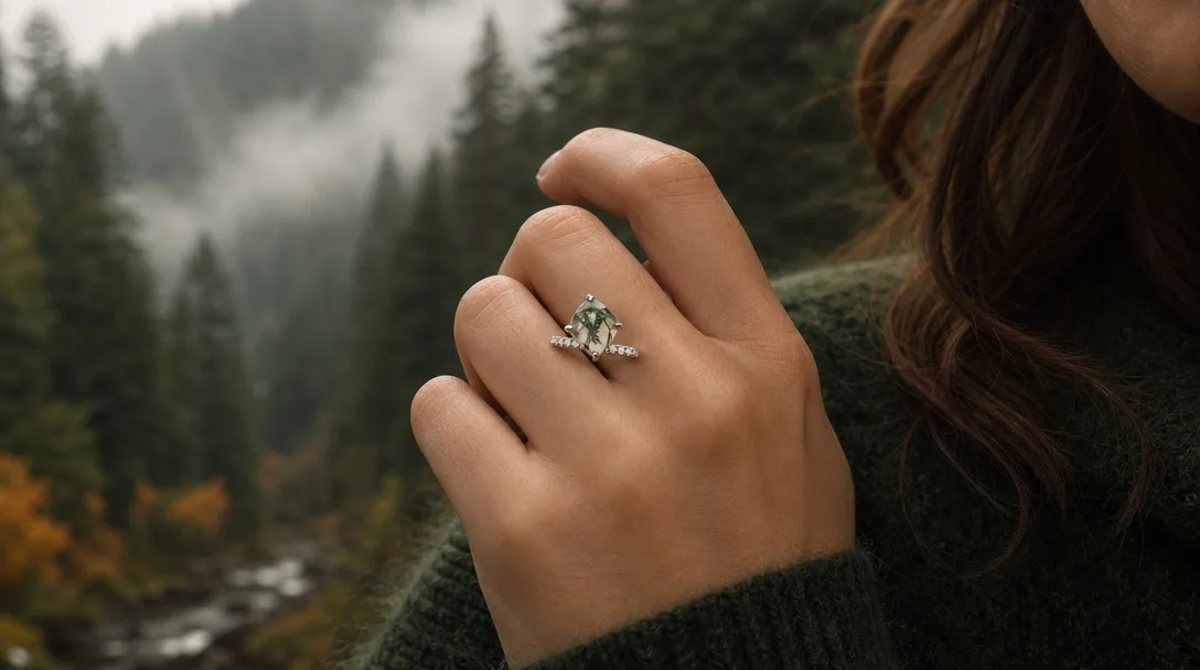 Elegant woman wearing a Moss Agate and Lab Diamond ring stack in a misty forest