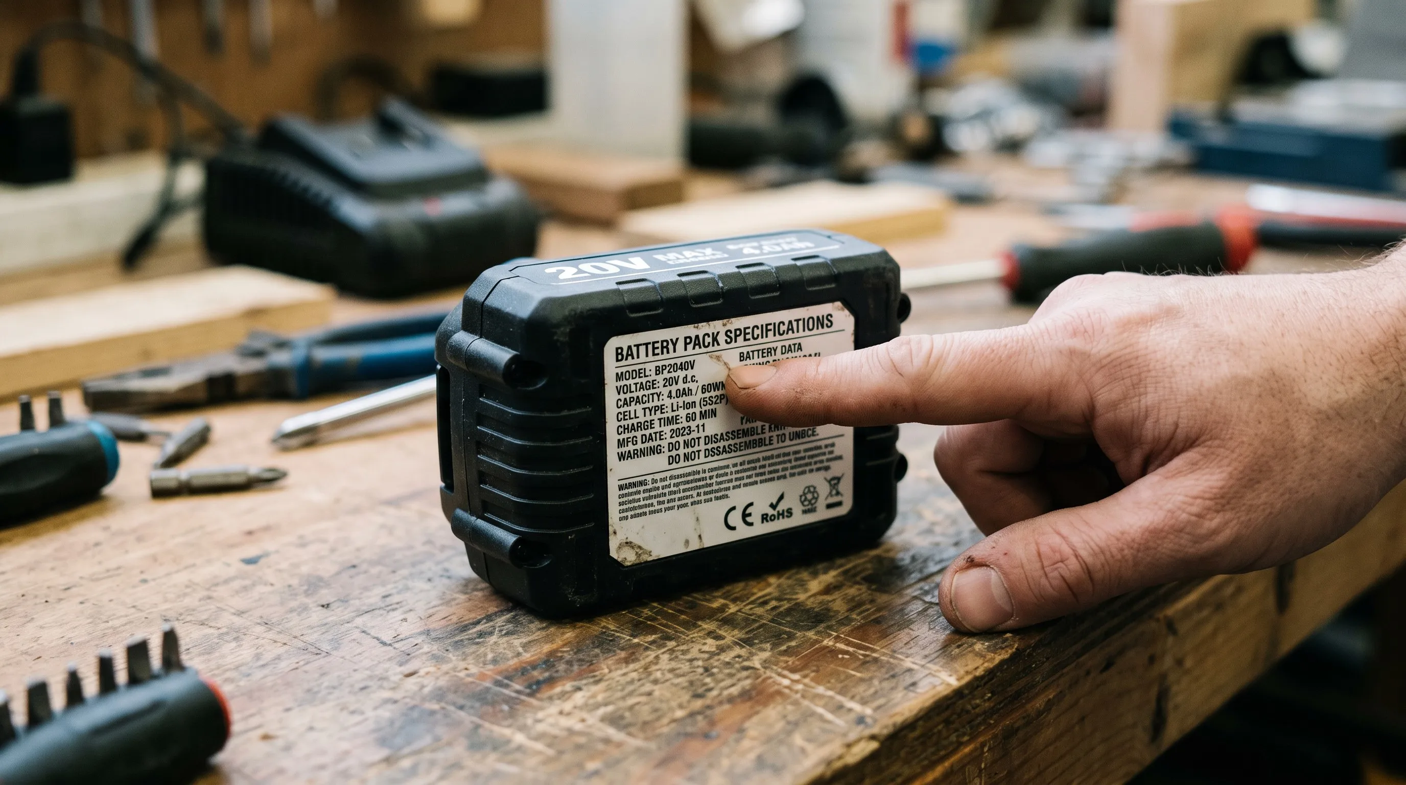 Pointing at the technical specification data plate on a cordless power tool battery pack