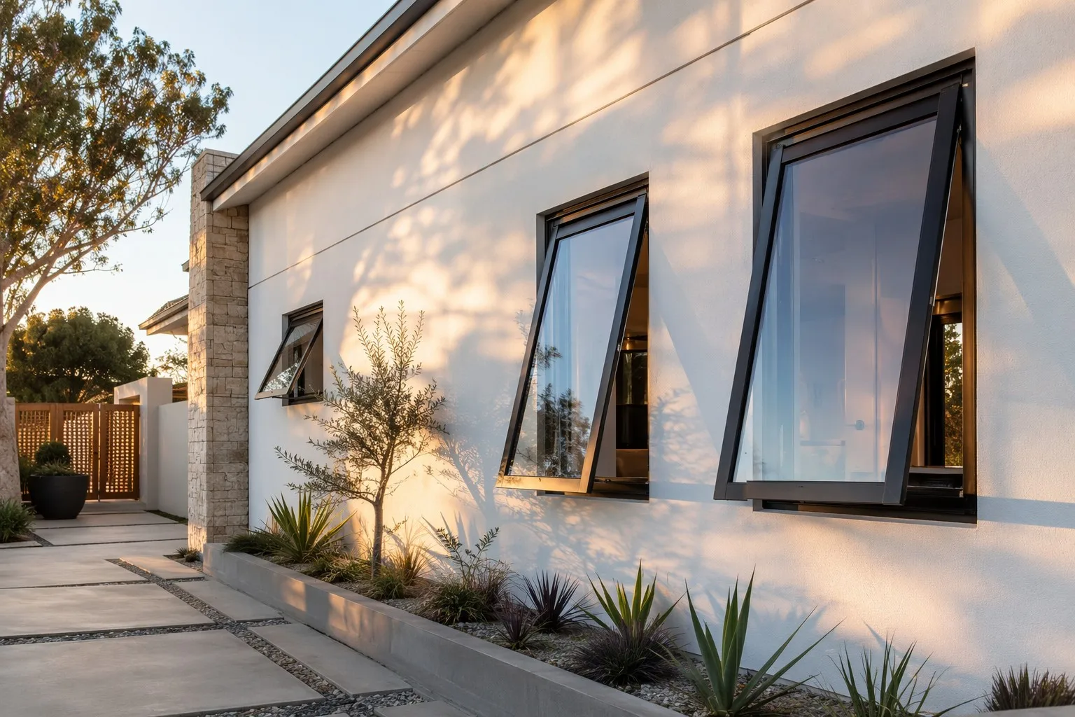 Luxury modern villa with black aluminum awning windows open for ventilation