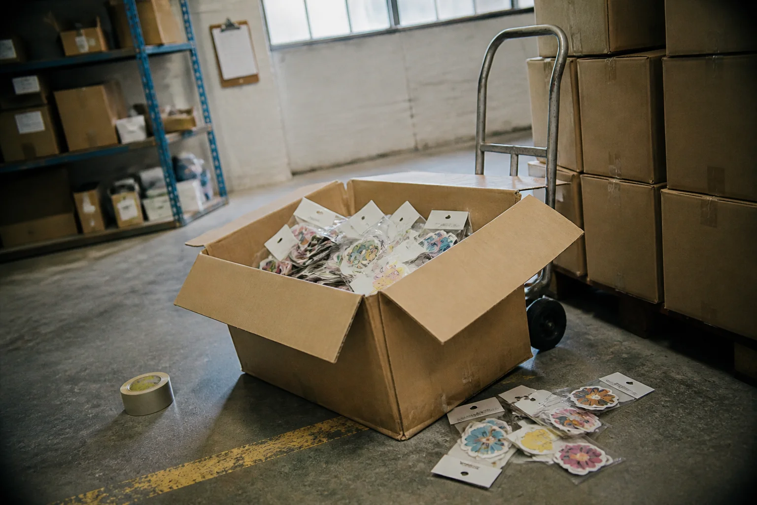 Opened wholesale carton of retail-ready sticker packs on a warehouse floor