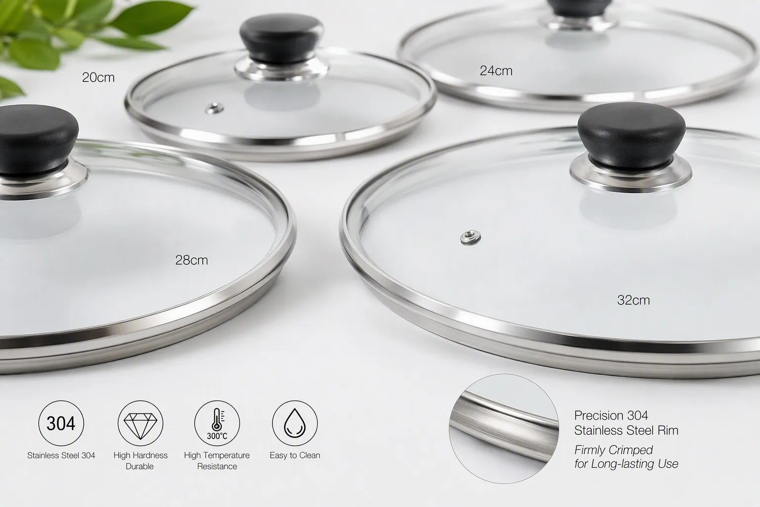 Stainless steel 304 rim tempered glass cookware lids OEM manufacturing specifications