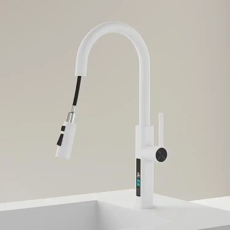 Pure White Pull Down Faucet Model 107 B1K-W Perspective View pure-white-pull-down-faucet-perspective-view