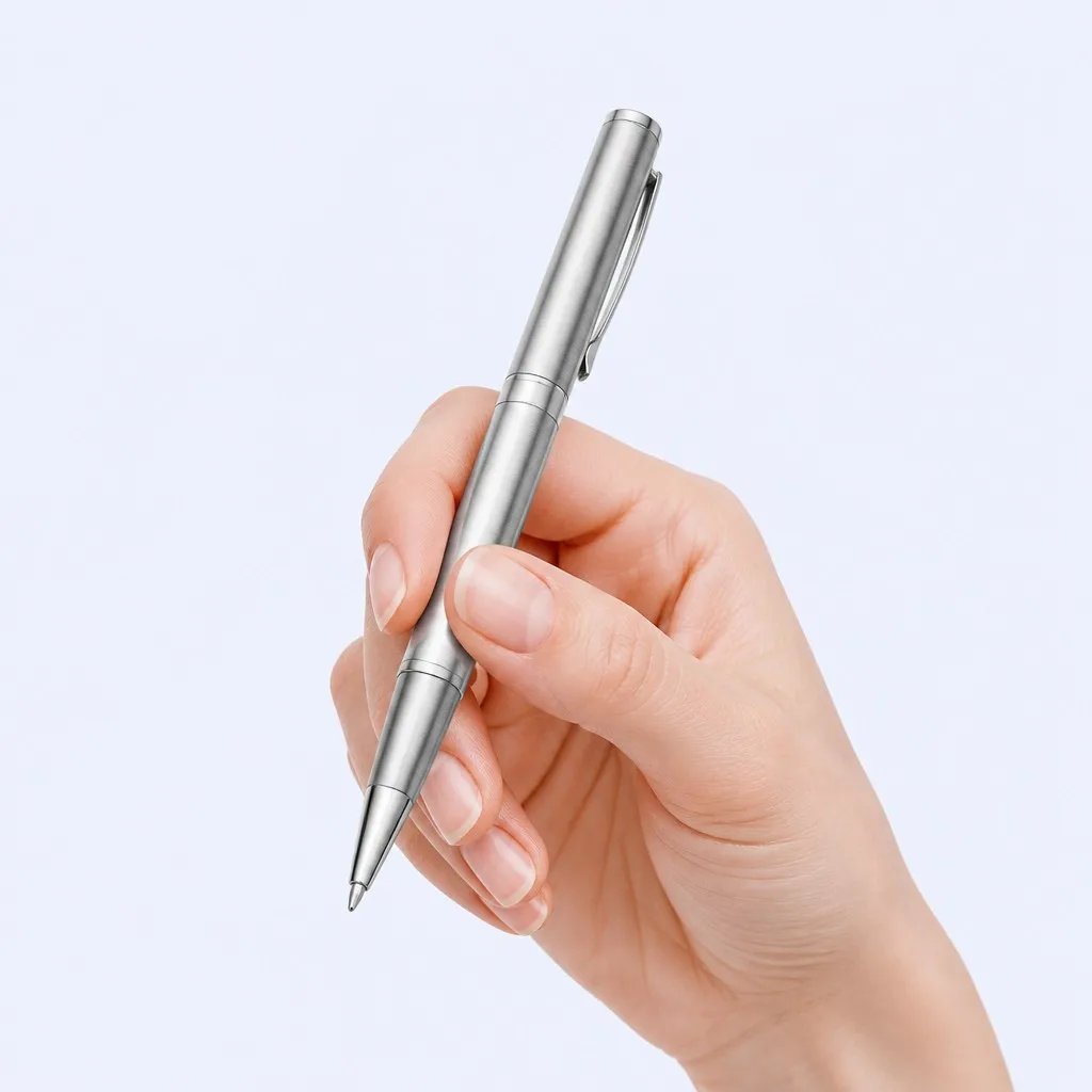 Hand holding silver-grey vintage ballpoint pen