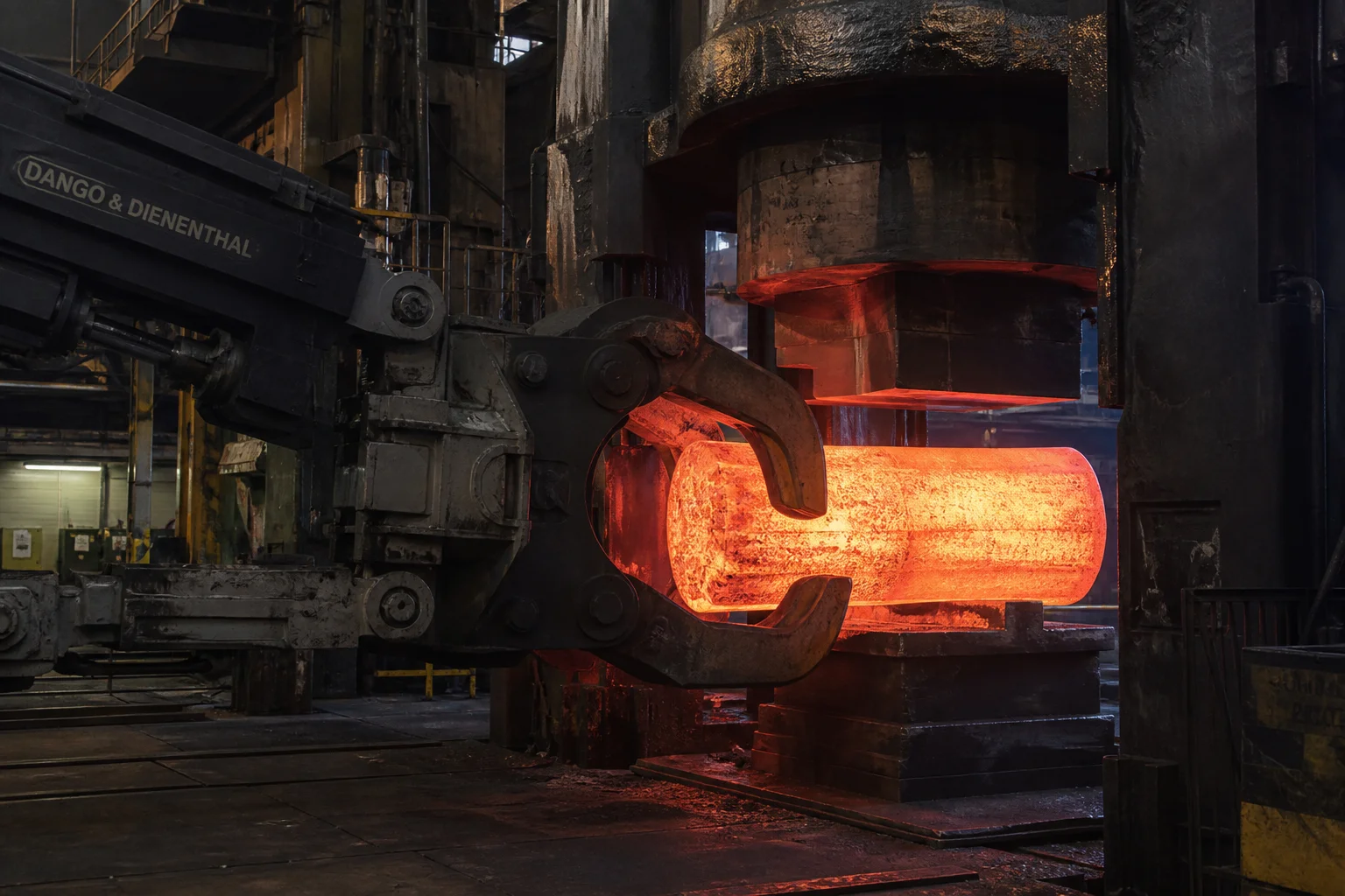 Heavy industrial forging manipulator machine holding glowing red steel ingot beneath forging press