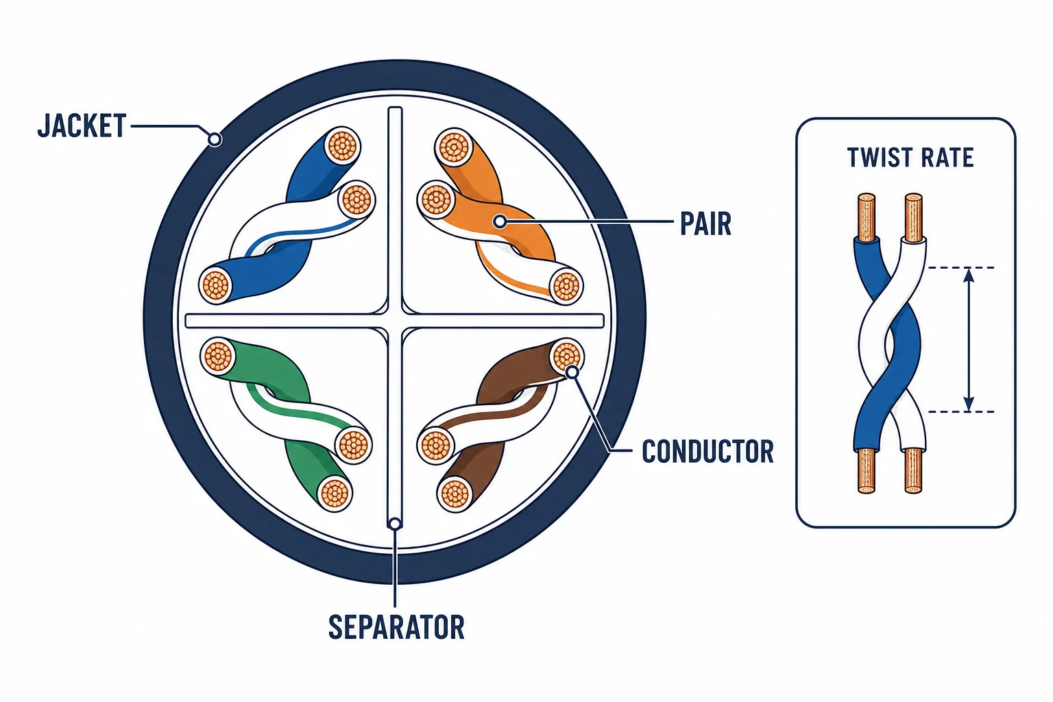 Cross-section anatomy of unshielded twisted pair cable