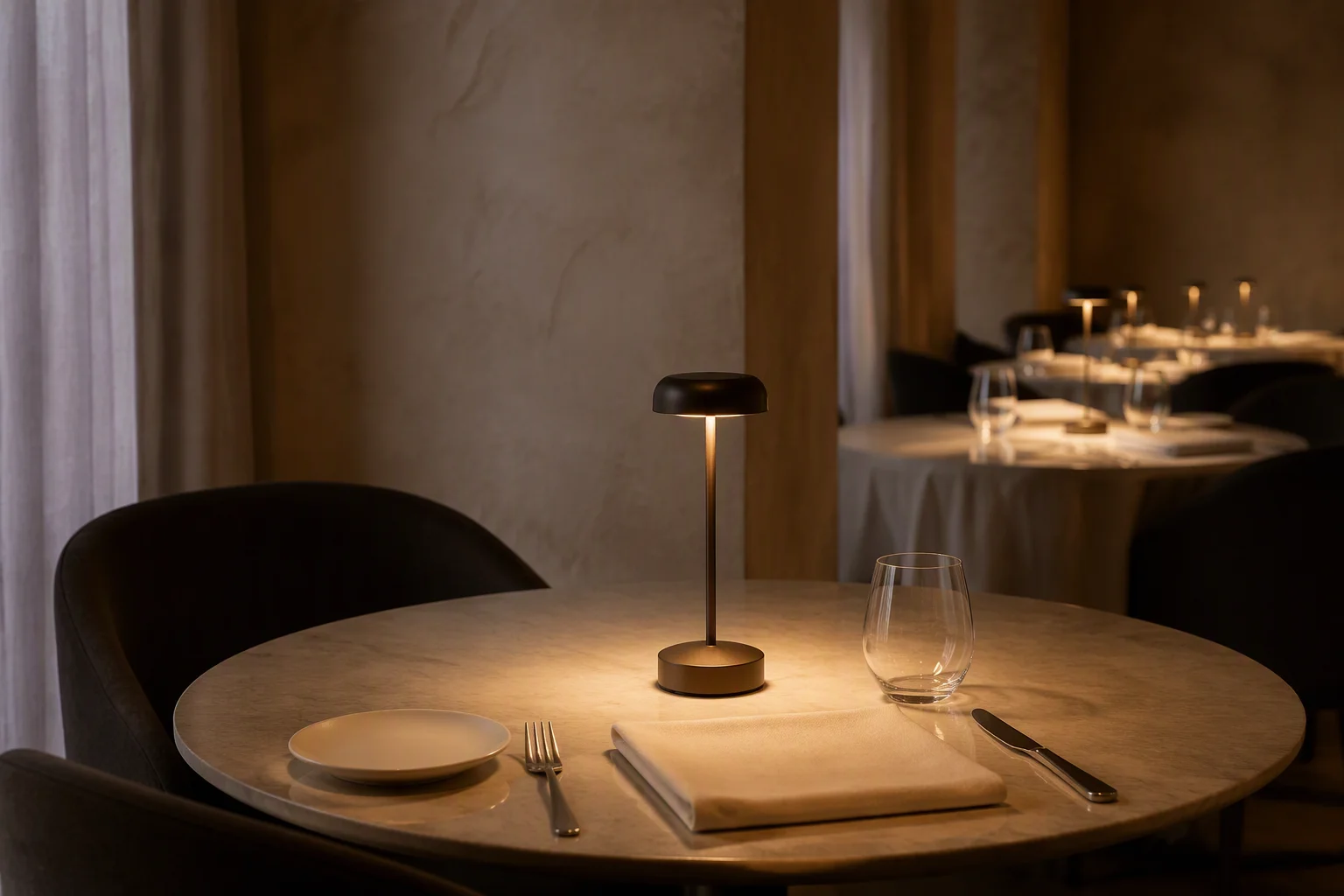 Unbranded commercial cordless table lamp on a fine dining restaurant table
