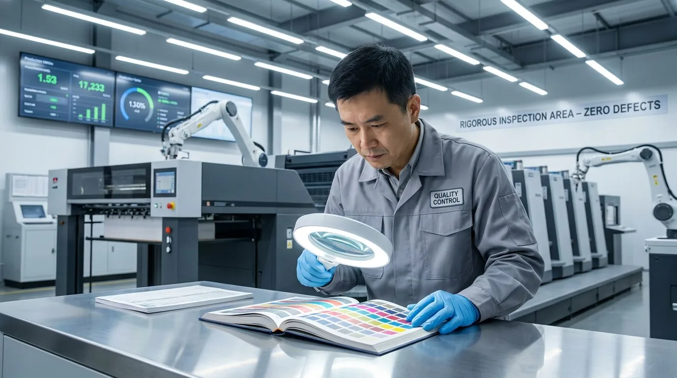 Professional Chinese QC inspector examining custom book print quality in a modern factory setting
