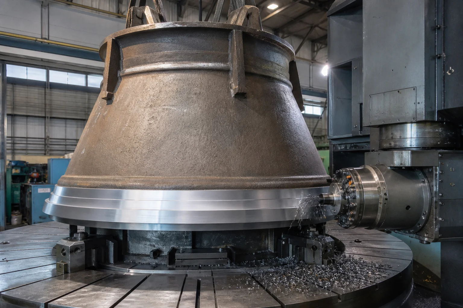 Cone crusher mantle casting being machined on vertical turning lathe
