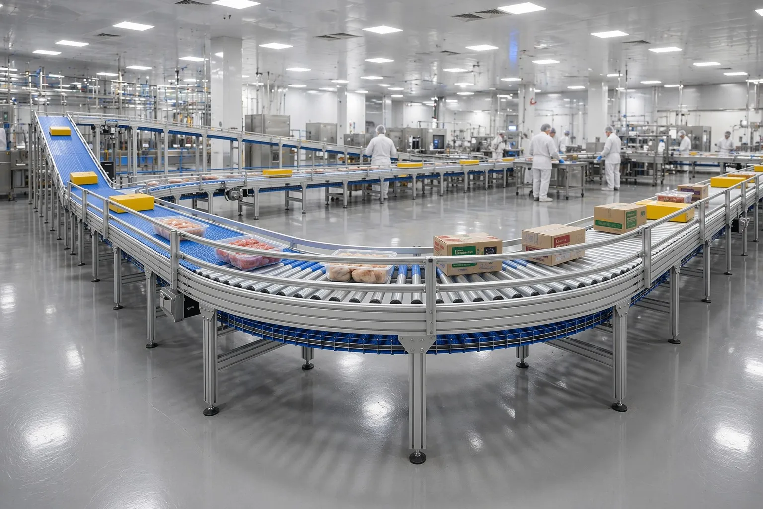 Modular Belt Conveyor for Food-Grade Sanitation Conveyor system in a food packaging facility with sanitary staff and packaged goods