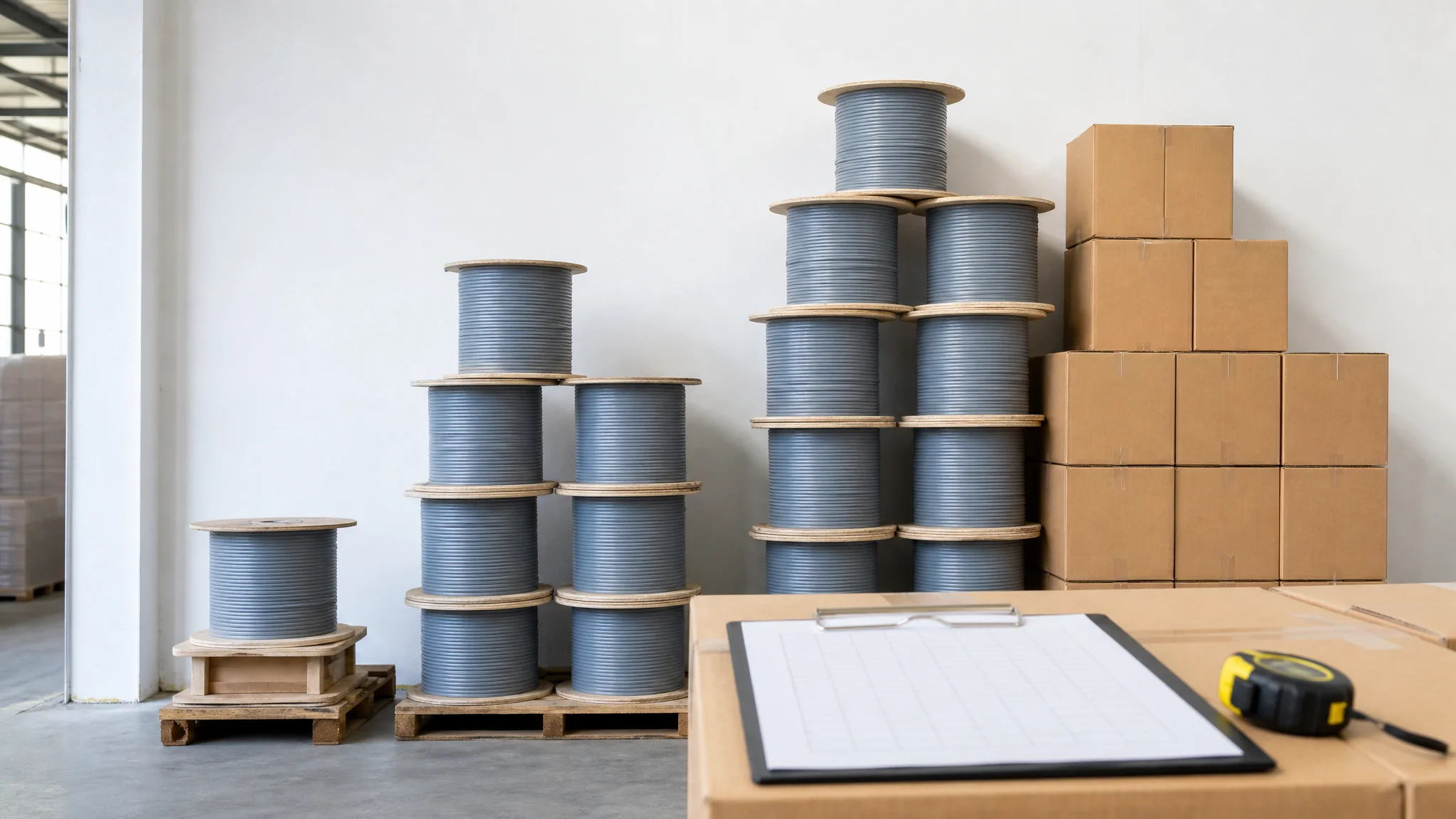 Ethernet cable reels and cartons stacked in three quantity tiers