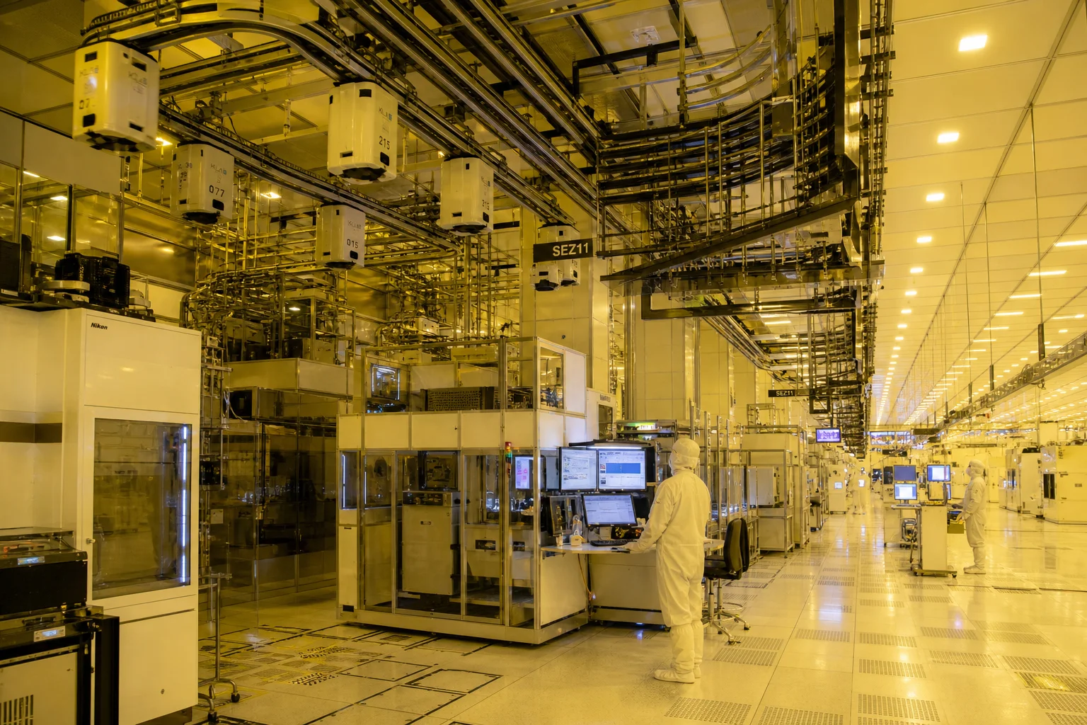 Modern semiconductor cleanroom wafer fabrication facility with vacuum process chambers