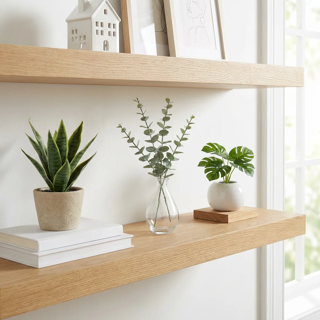 faux plants shelf styling living room small artificial eucalyptus snake plant monstera
