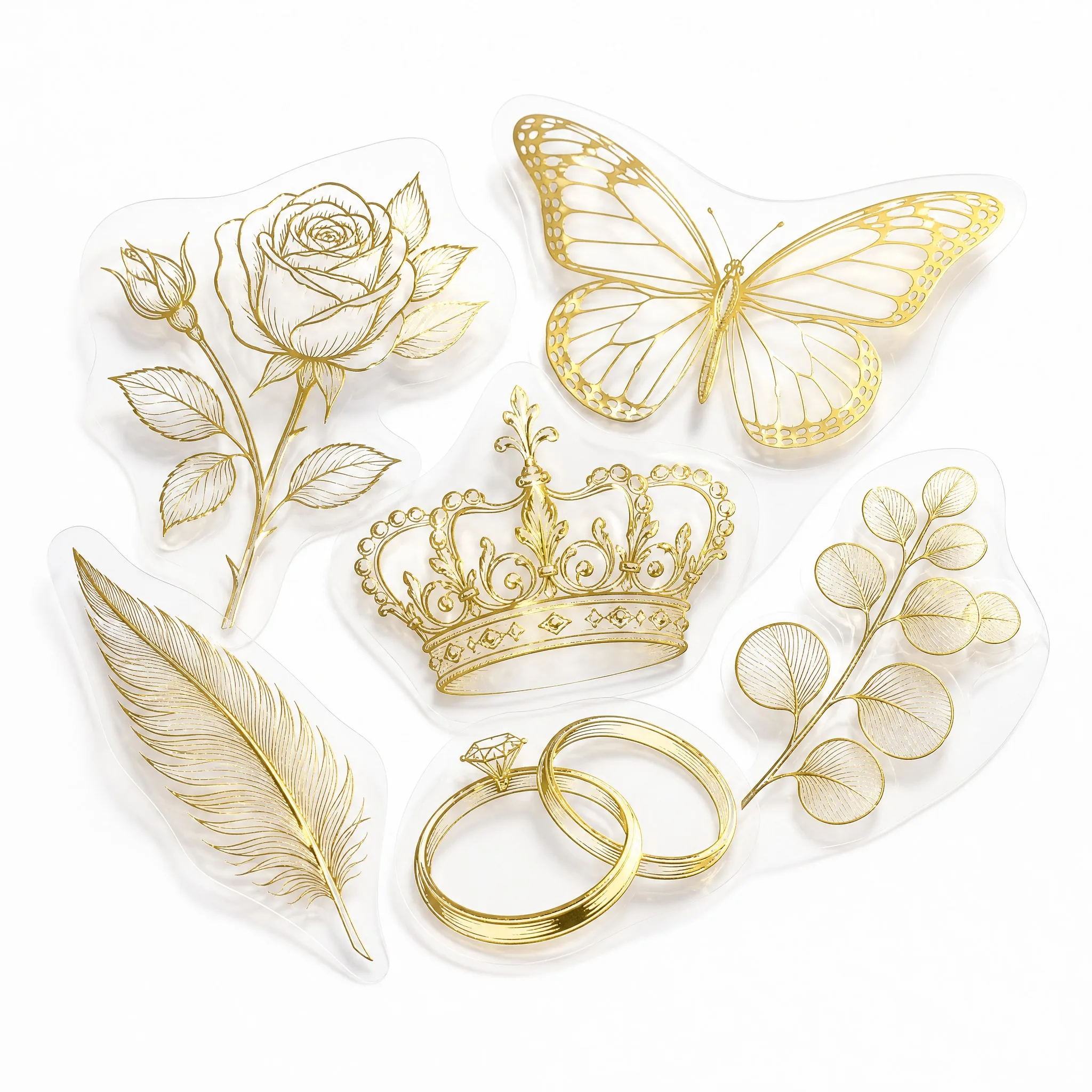 Custom gold foil sticker set - six elegant wedding floral designs on clear film