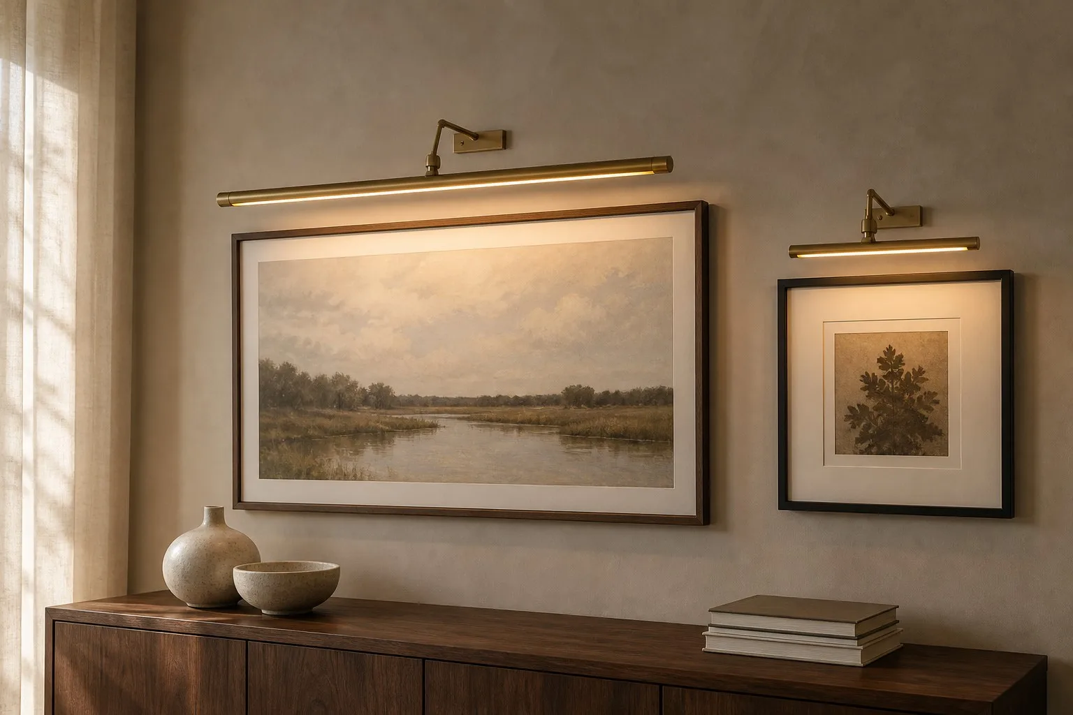 Seediq brass picture lights sized to two framed artworks of different widths on a living room wall
