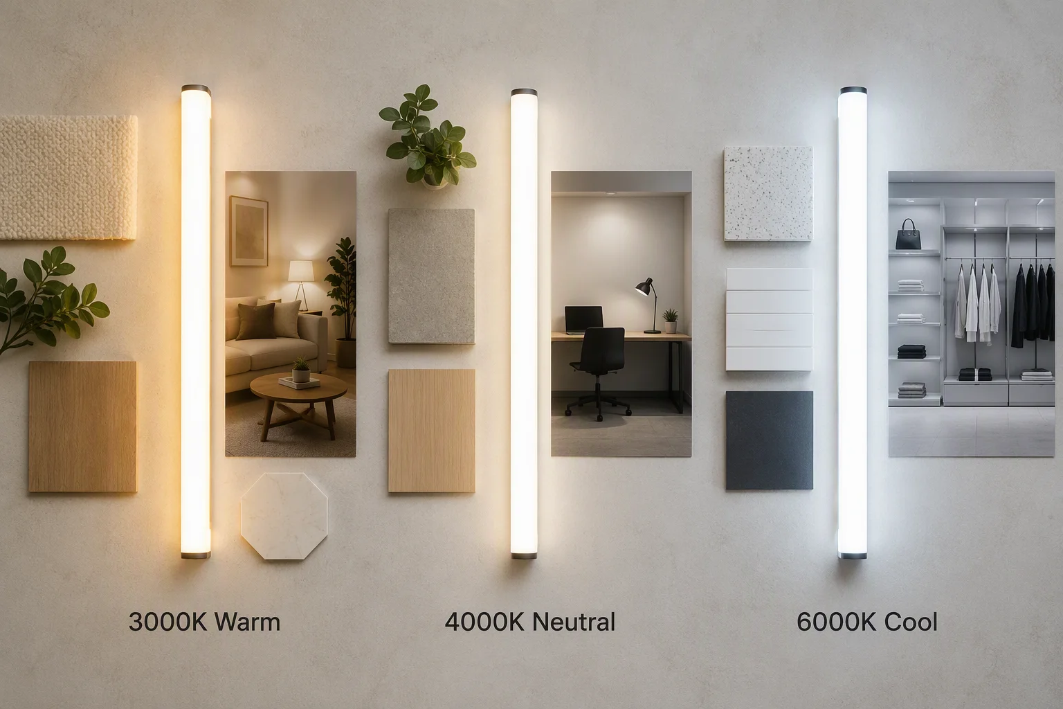 Selection guide diagram showing which color temperature suits each room and application