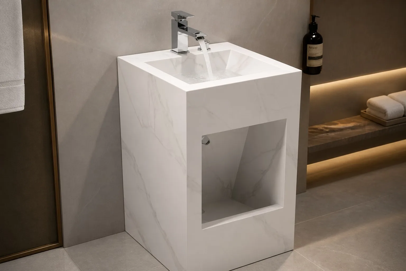info-1-1 Water flowing from a chrome faucet into a square marble-patterned sintered stone wudu basin