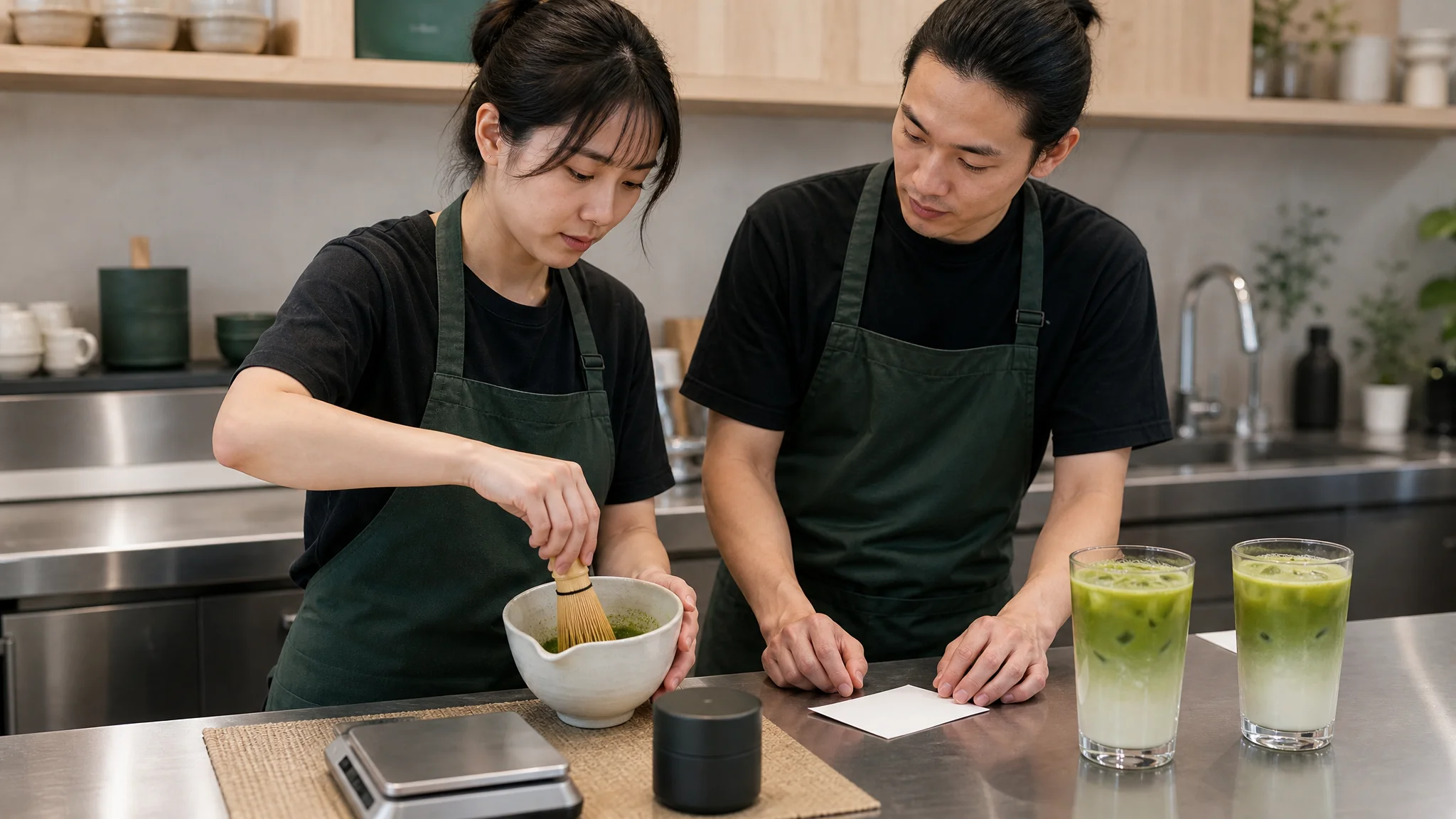 A trainer observes a colleague whisking matcha in a spouted bowl beside a scale and two sample iced lattes