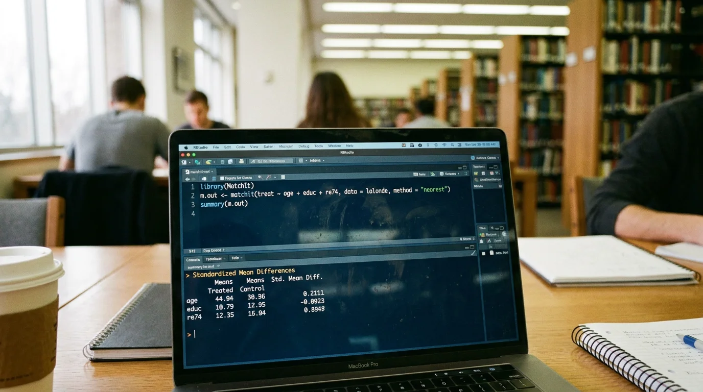 Statistical software code and output table for PSM