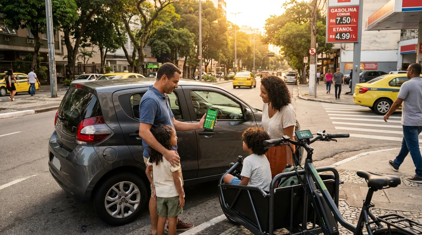 Família brasileira comparando custos de carro com e-bike em São Paulo