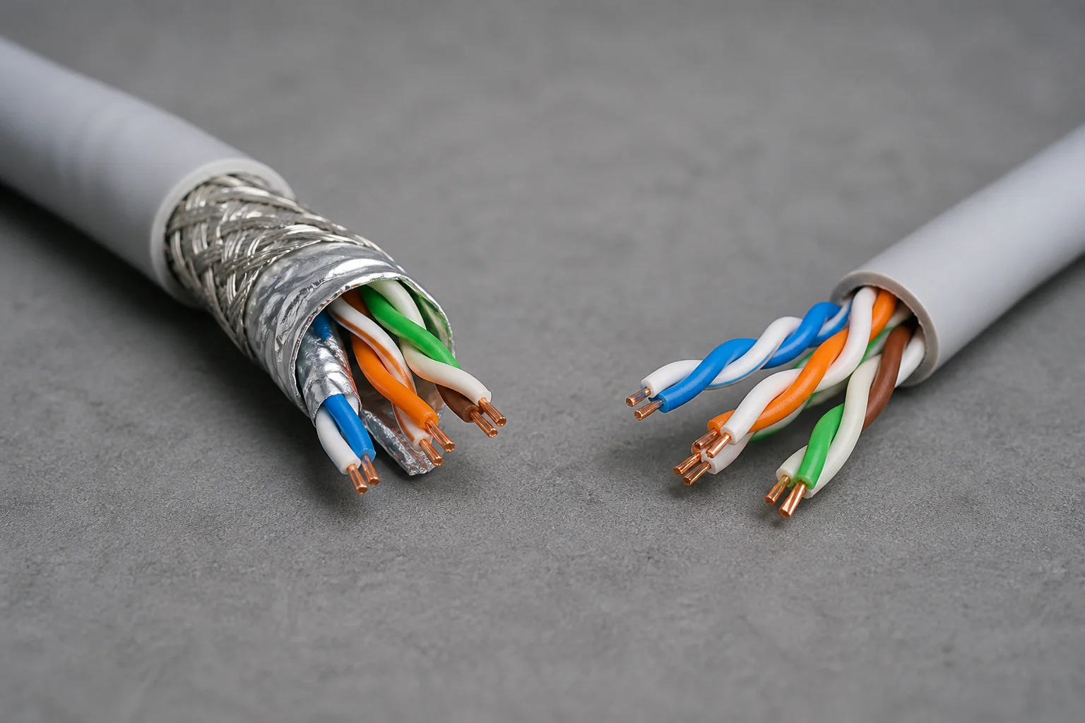 Shielded and unshielded ethernet cable samples side by side with cut ends visible