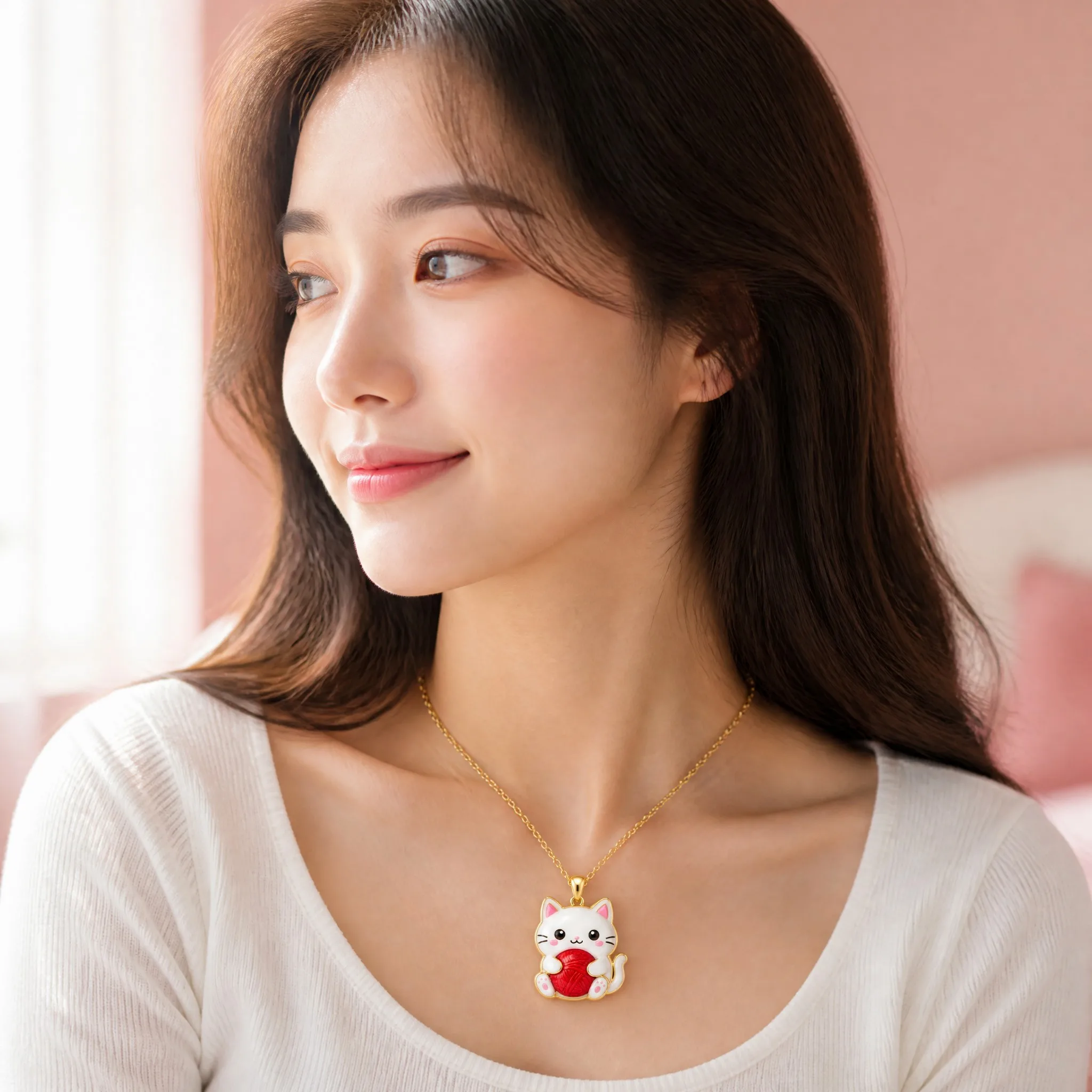 Young woman wearing kawaii cat pendant necklace, lifestyle photo