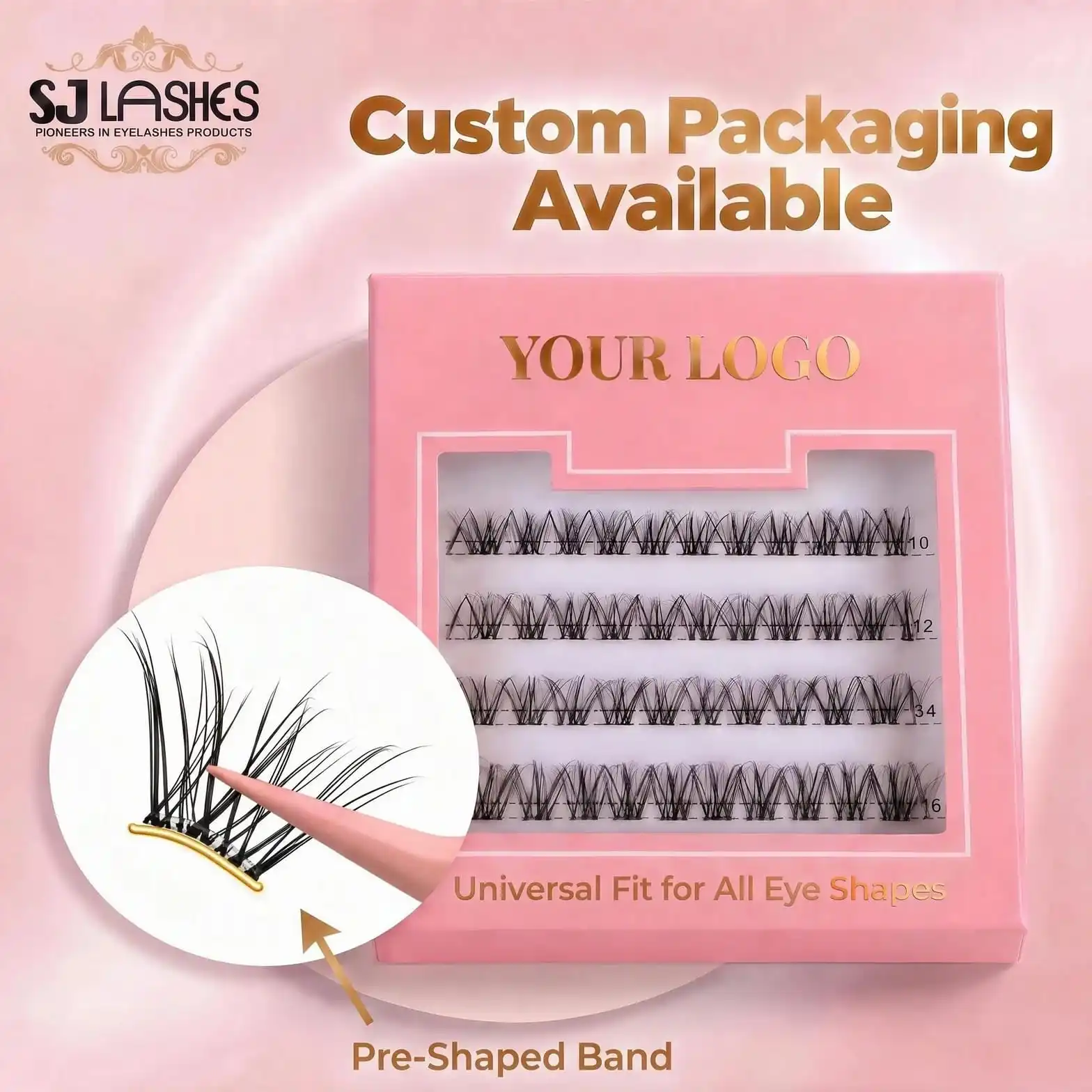 Pink segmented lash box with custom window, gold YOUR LOGO area, four rows of pre-curved band segments with length numbers, and a pre-shaped band callout inset - custom private label lash paper box
