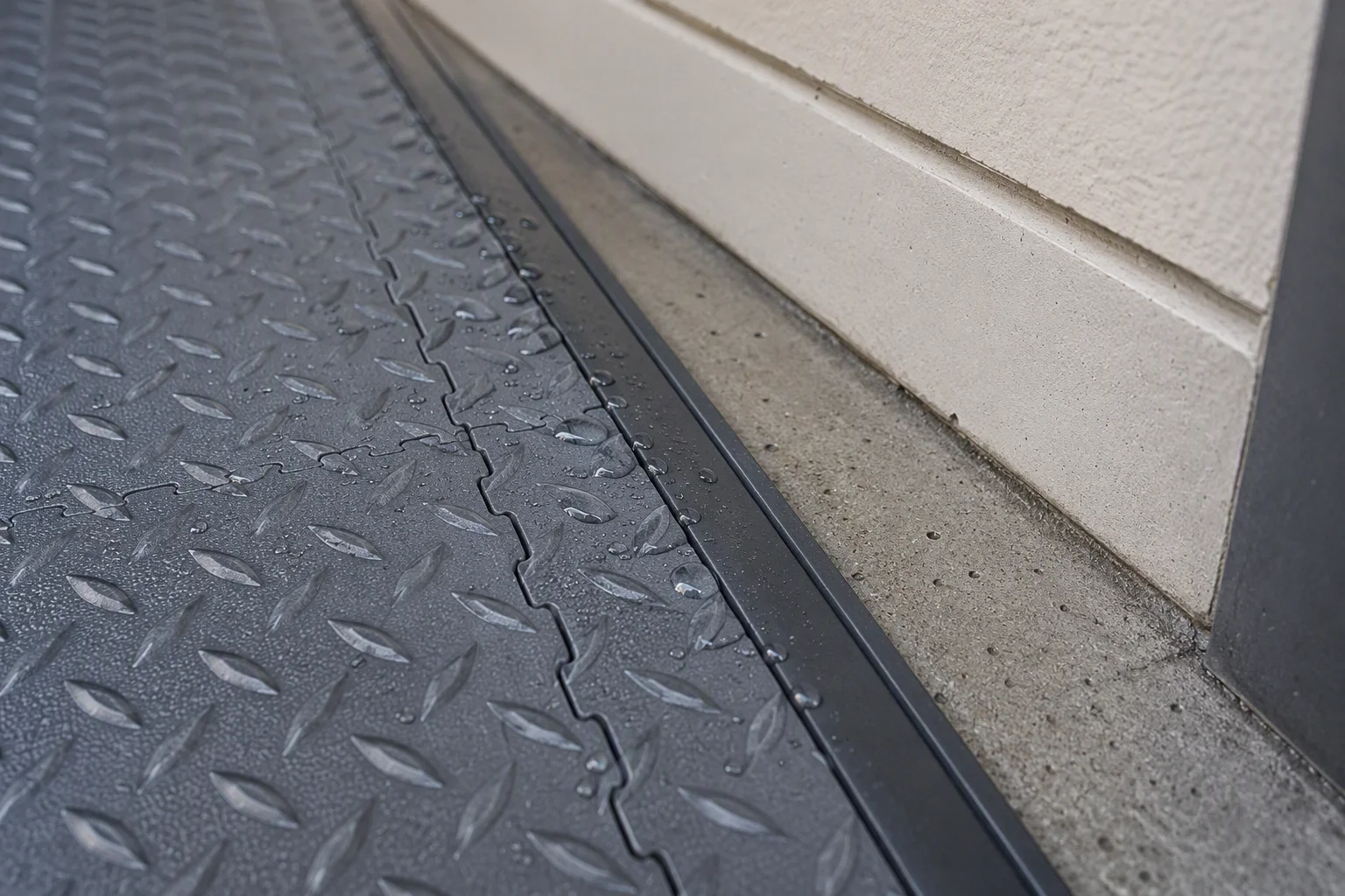 Edge of a garage floor tile installation with trim and expansion gap at the wall