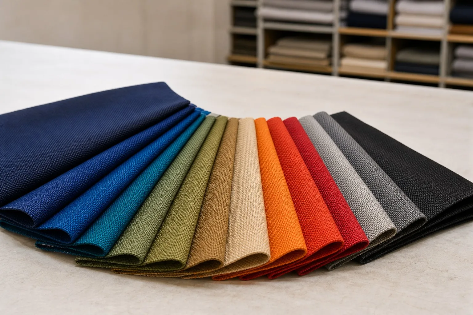 Fan of plain-dyed oxford sample cards in navy, blue, green, olive, khaki, sand, orange, red, grey and black on a cutting table