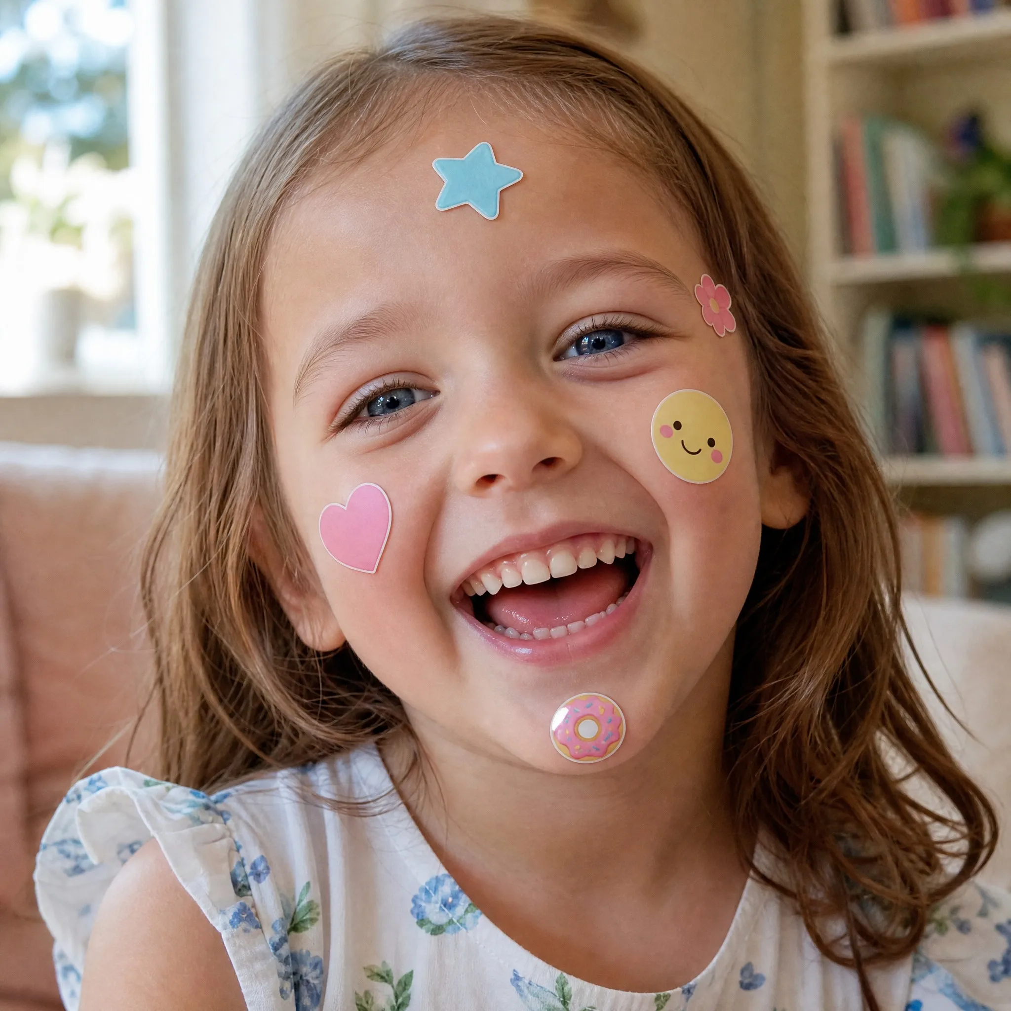 Happy child wearing our custom kawaii and epoxy stickers on the face