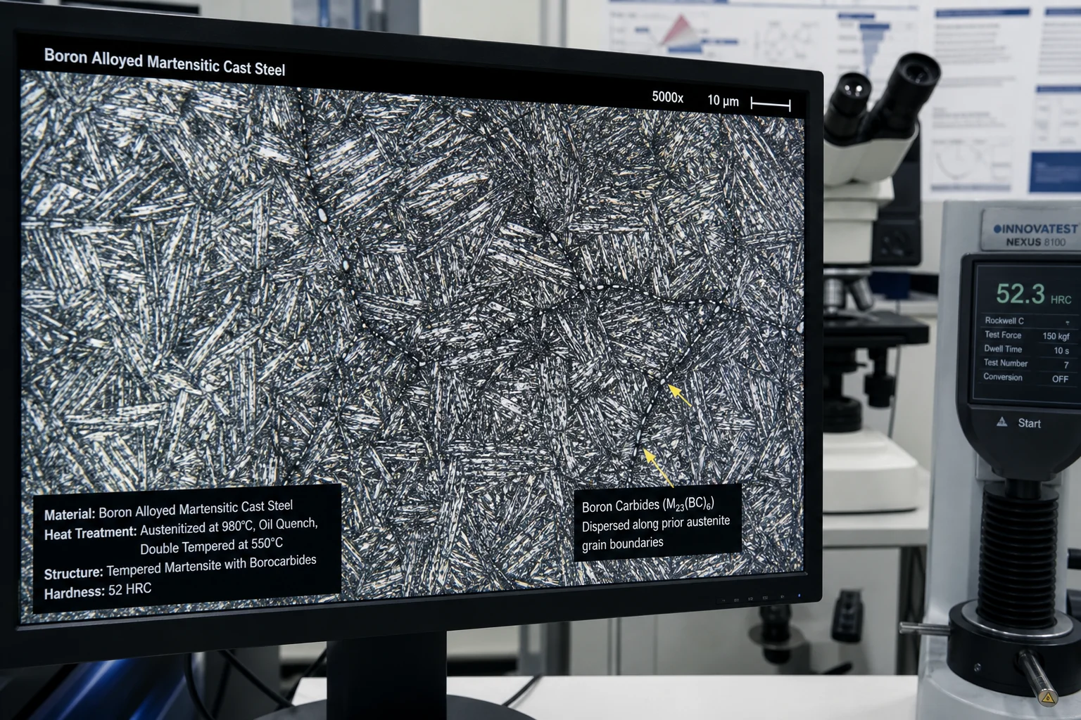 Metallographic microstructure of boron-alloyed martensitic cast steel showing fine martensite