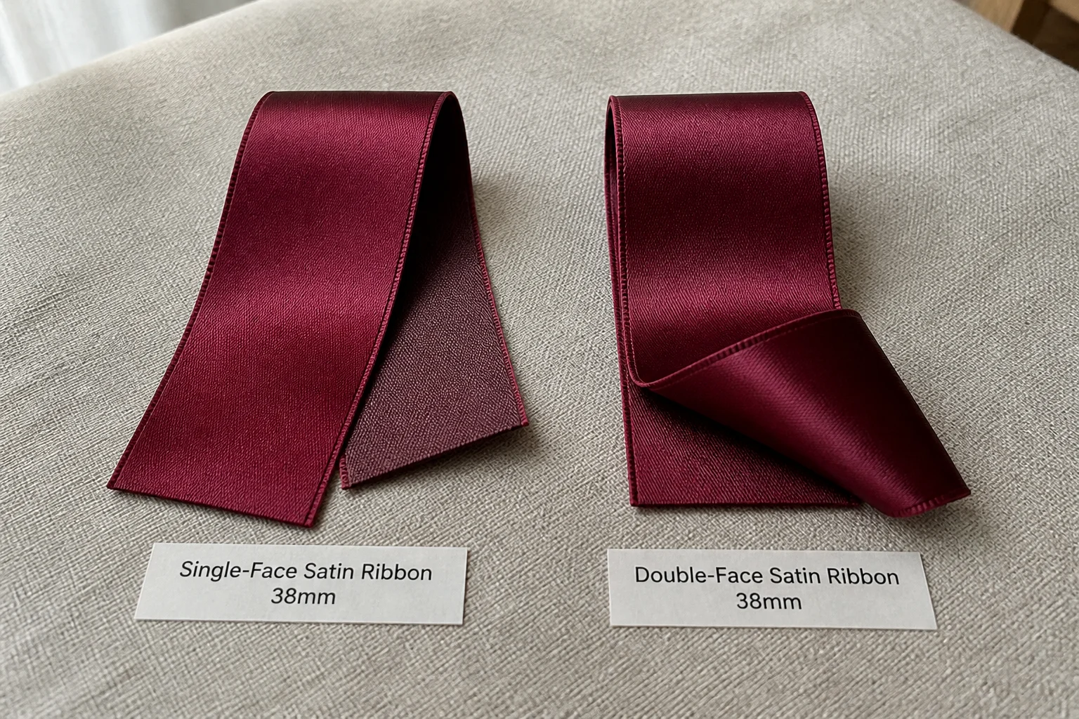 Documentary B2B product comparison photo single-face satin ribbon versus double-face satin ribbon side-by-side natural linen surface two ribbon samples same width 38mm same deep burgundy colour single-face satin showing clearly visible difference smooth shiny front face dull back face double-face satin showing same smooth shiny surface both sides one end folded over reveal identical reverse small labels beside natural side window light factual B2B product comparison