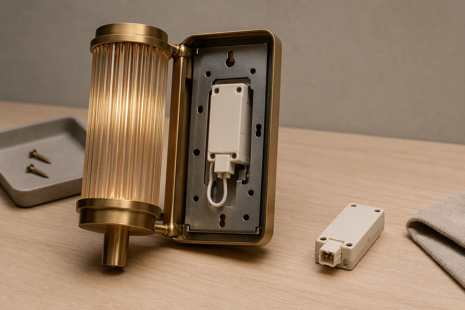 A brass hotel wall light opened on a bench, showing its replaceable driver module and a spare