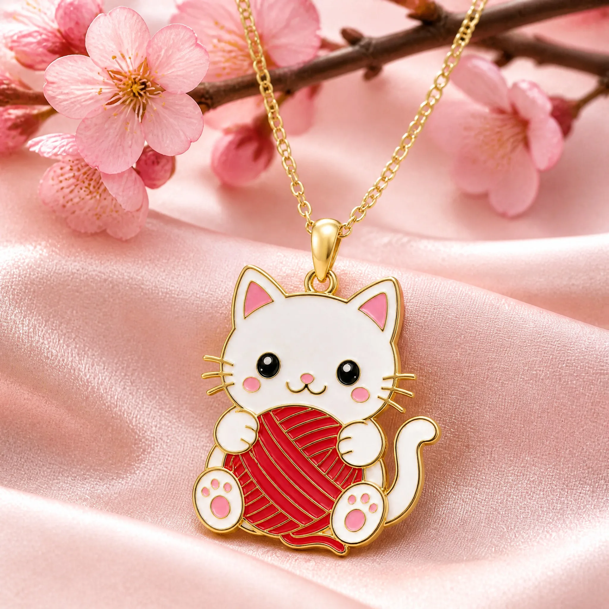 Cat pendant necklace styled on pink satin with cherry blossoms