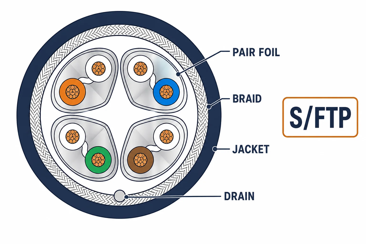 Cross-section of Cat7 S/FTP cable with pair foils, braid and drain