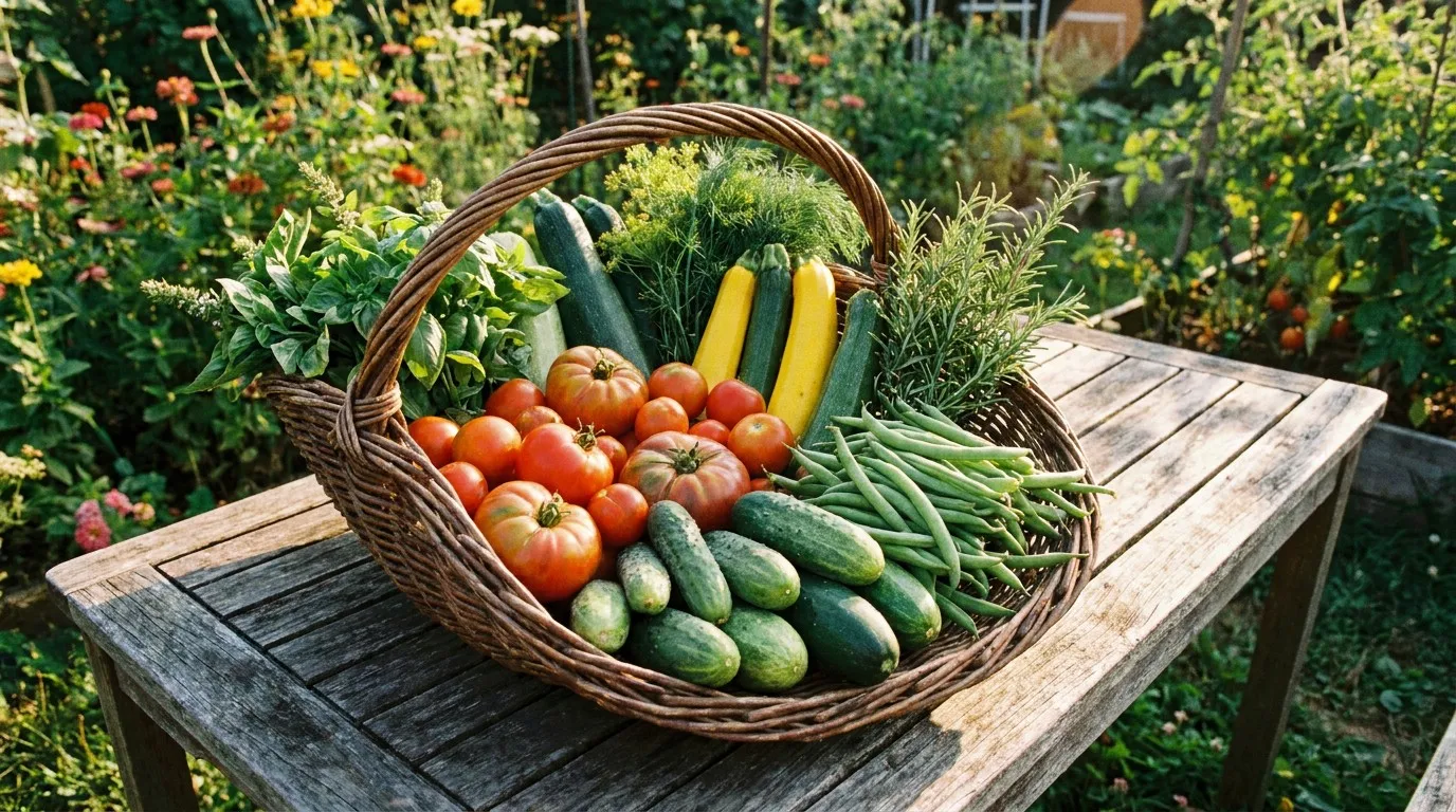 Fresh summer harvest basket overflowing with vegetables