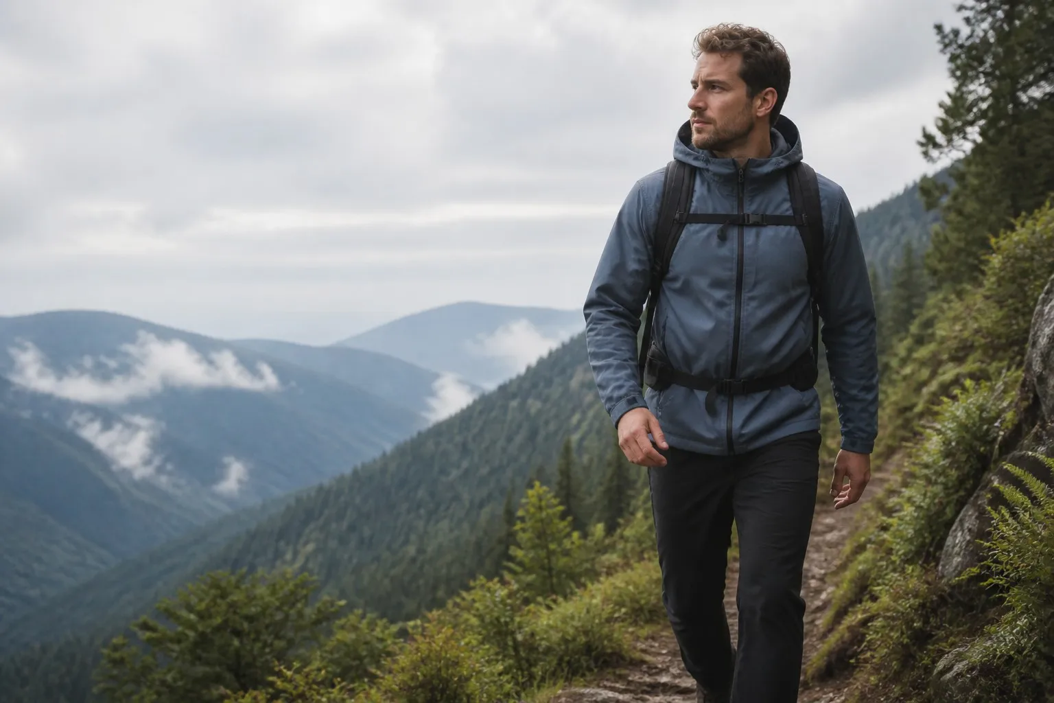 Fully clothed hiker wearing an unbranded softshell jacket on a forest mountain trail