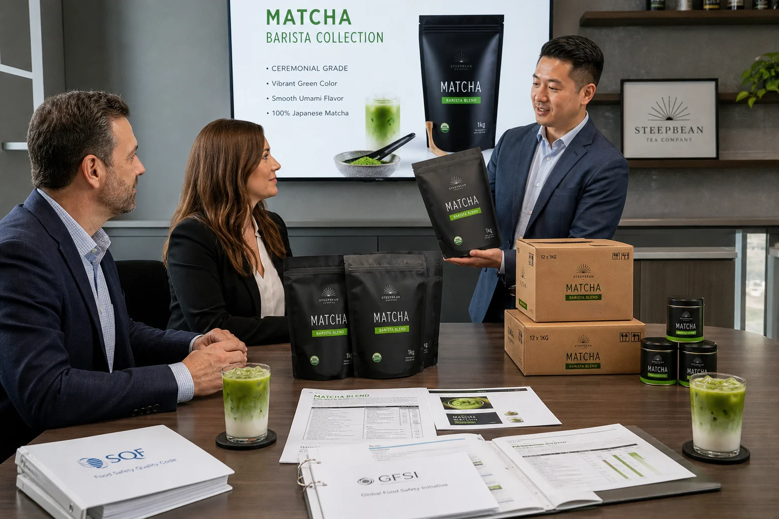 Foodservice distributor category review meeting with supplier presenting barista matcha bags, spec sheets, and GMROII margin models